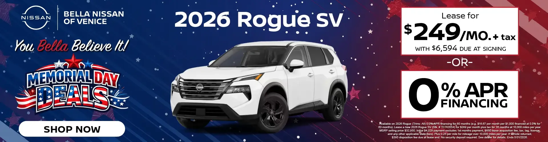 2026 Nissan Rogue SV lease for 249 dollars monthly or zero percent financing at Bella Nissan of Union City Memorial Day